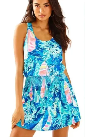 Lilly Pulitzer Tideline Sparkling Blue Hey Bay sailboat XS tank dress thumbnail 1