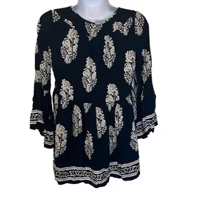 Altar'd State Blue Tan‎ Boho Print Bell Sleeve High Low Front Tie Top XS Flowy thumbnail 3