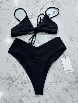 NWT Quince Black Knot Tie Bikini Top & Italian V Cut High Leg Bottom Set Medium thumbnail 1