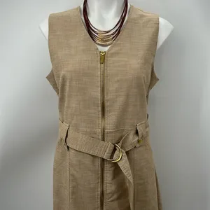 Sharagano khaki sleeveless full zipper sheath pocket dress thumbnail 2