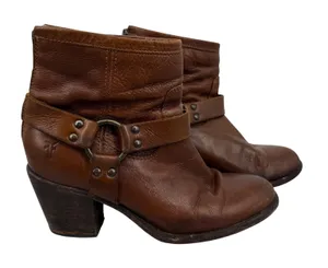 Frye Tabitha Phillip Harness Brown Leather Ankle Boots Back Zip 7 B Western Boho thumbnail 1