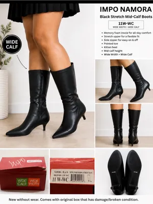 Impo Namora Black Stretch Mid-Calf Boots Wide Calf Memory Foam 11W-WC NWB thumbnail 2