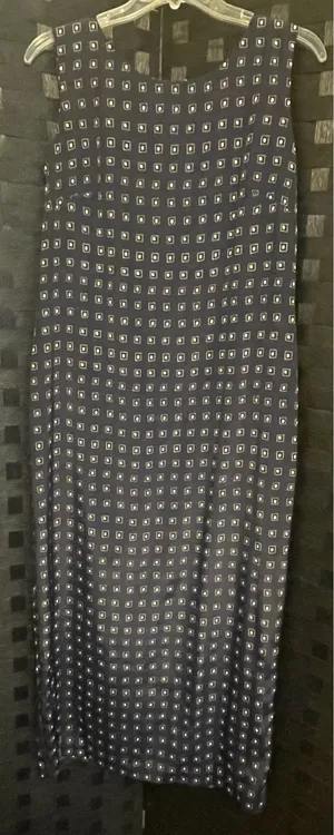 Vtg Leslie Fay Dress Sheath Navy Silky Geometric Sleeveless Long Workwear 8 thumbnail 1