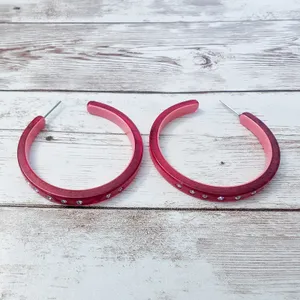 Large Red Hoops Stud Earrings For Pierced Ears - 1 & 7/8" - Missing Gems thumbnail 2