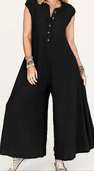 SHEIN black exaggerated Wide-Leg Button-Front placket oversize Jumpsuit L thumbnail 1