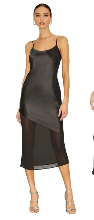 Lulus Drew Black Satin and Chiffon Midi Slip Dress size Medium thumbnail 1