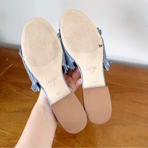 Latigo • Anthropologie Sofie Fringed Slide Sandal woven mules flat blue suede thumbnail 6