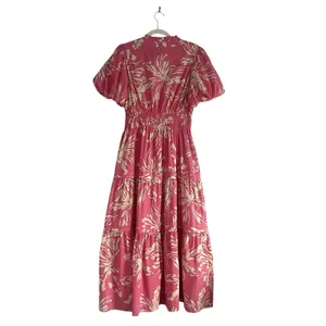 Jodifl Pink Floral Maxi Dress Puff Sleeve Sz Small Tiered Boho Cottage core chic thumbnail 4