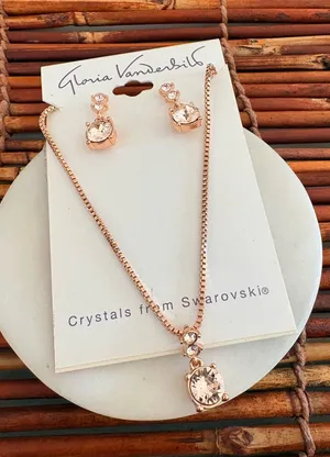 Gloria Vanderbilt Rose Gold Crystal Pendant Necklace with Matching Studs NWT thumbnail 1