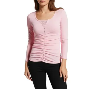 Henley Shirt Womens Size XL Light Pink Ribbed Knit‎ Lace Trim Casual Chic Soft thumbnail 2