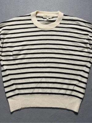 Madewell Womens XS 100% Cashmere Striped Crewneck Sweater Ivory Black thumbnail 2