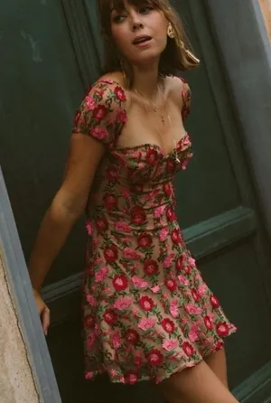 For Love & Lemons Amelia Floral Off Shoulder Mesh Fabric Party Mini Dress XS‎ thumbnail 1