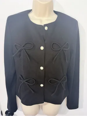 RIVIR Black Knit Jacket Size M Bow Detail Pearl Rhinestone Buttons Collarless thumbnail 3