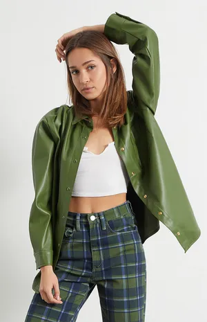 WeWoreWhat Women's Green Faux Leather Vegan Shacket Jacket Shirt Top Size M thumbnail 1