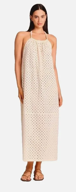 Vitamin A Off White Halter Top Maxi Cover Up Eyelet Swim Dress Womens Medium thumbnail 1