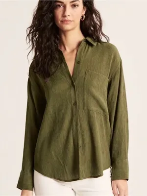 Abercrombie & Fitch Oversized Crinkle Gauze Rayon Button Down in Green thumbnail 1
