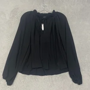 Madewell Top Womens Medium Long Sleeve Tie Neck Jet Black Ruffle Blouse NY328 thumbnail 2