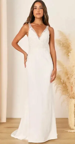 Lulus New Precious Promise White Satin Embroidered Lace Mermaid Maxi Dress thumbnail 3