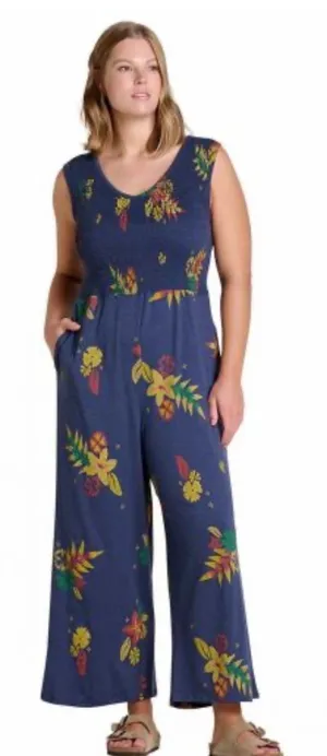 Toad&Co Womens Navy Blue Tropical Floral Smocked Wide Leg Jumpsuit Large Pockets thumbnail 1