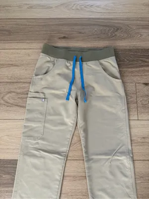Figs Men's Light Beige Jogger Pants with Olive Waistband and Blue Drawstring thumbnail 4