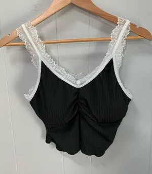 Black with White Lace Crop Top Large thumbnail 1