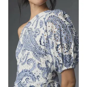 Farm Rio Summer One Shoulder Eyelet Midi Dress White Blue Asymmetric Boho Resort thumbnail 3