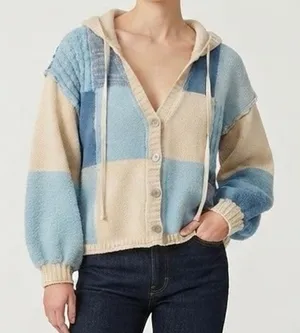POL Blue Beige Patchwork Knit Hooded Button Cardigan Sweater Cozy Boho Size M thumbnail 1