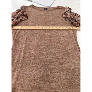 SHEIN Womens Brown Marled Knit Floral Ruffle Sleeve Top Crew Neck Size L thumbnail 5