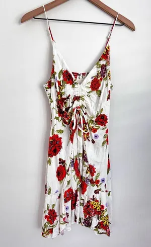 Free People Happy Heart Mini Floral Dress ruched ruffle smock boho L thumbnail 3