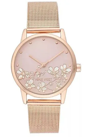 Nine West Women's Quartz Rose Gold-Tone Stainless Steel Mesh Band and Flower‎ Watch, 35mm thumbnail 1