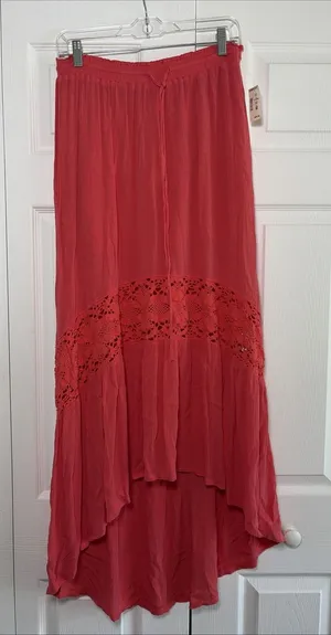 Aeropostale Crochet Inset High Low Maxi Skirt Womens M Pink Boho Rayon Gauze thumbnail 1