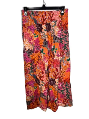 Loft Womens Floral Linen Pull On Pant Cropped Pink Orange Xs thumbnail 5