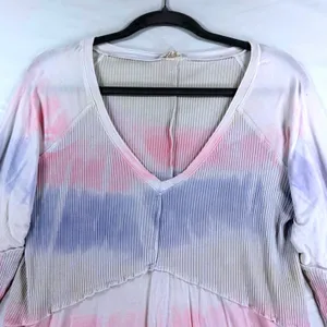 POL Tie Dye Ribbed V-Neck Peplum Long Sleeve Top Pink Purple RCT961A Medium thumbnail 8