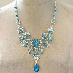 Silver Tone blue Rhinestone Statement Bib Necklace Drop Pendant thumbnail 1