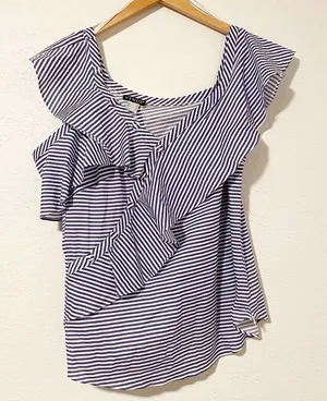 Venus Striped Ruffle‎ Top | Coastal Granddaughter | Cottagecore Preppy Size 12 thumbnail 1