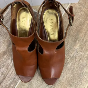 Ralph Lauren Hannie Brown‎ T Strap Peep Toe Wedge Sandals Leather Sz 8.5 thumbnail 6