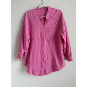 Aerie Oversize Women's XS Pool To Party Hot Pink Gauze Cover‎ Up Button Up Shirt thumbnail 5