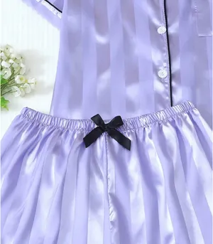Boutique Women’s 2pcs Satin Striped Pajama Set with Short-sleeve Lapel Top and Bow Shorts thumbnail 5