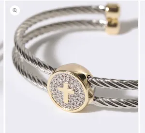 Cross Detail Twisted Double Wire Cuff Bangle Bracelet Silver thumbnail 2