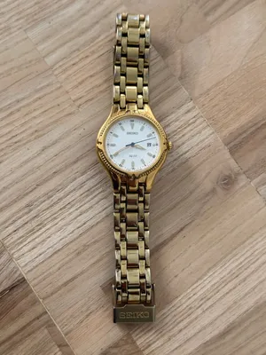 Seiko Vintage Watch Gold Bracelet Case White Dial Blue Gold Hands Date Window thumbnail 5