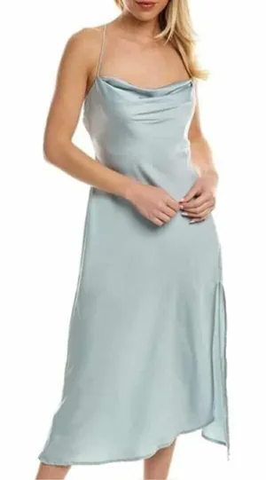 ASTR The Label Light Blue Satin‎ Cowl Neck Midi Slip Dress L Cross Back Slit thumbnail 1