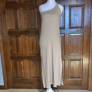 Aerie‎ One Shoulder Ribbed Midi Dress Size Medium Cream Tan thumbnail 2