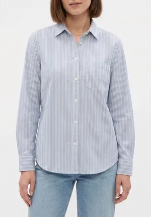 Gap Shirt Womens L White Blue Striped Cotton Spread Collar Long Sleeve Button Up thumbnail 1