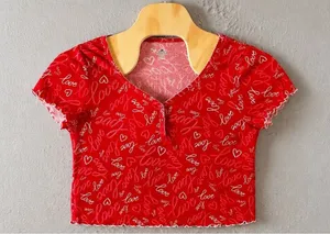 1250 | Heart Print Lettuce Trim Pajama Set Loungewear Red‎ Women XL 16-18 thumbnail 1