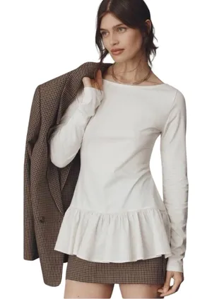 ANTHROPOLOGIE MAEVE Women’s White Long Sleeve Ruffle Hem Knit Top thumbnail 1