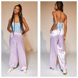 Urban Renewal Remnants Satin Puddle Pants Medium Baby Blue Stretch Wide Leg thumbnail 15