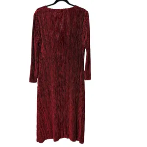Red Pleated Long Sleeve V-Neck Midi Dress Shimmer Textured Red thumbnail 2