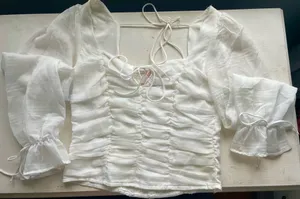 Francesca's White ruched tie front blouse with bell sleeve thumbnail 2