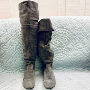 Grey suede over the knee tassel boots. thumbnail 2