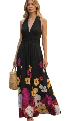 Jones Wear Dress Maxi Womens 8 Black Excellent Floral Halter Pleated V-Neck‎ thumbnail 1